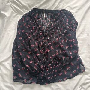 Free People Black and Pink Floral Blouse